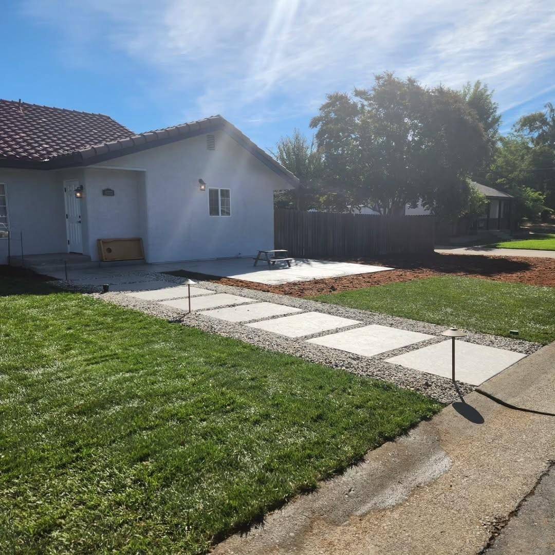 Paver walkway with gravel and sod